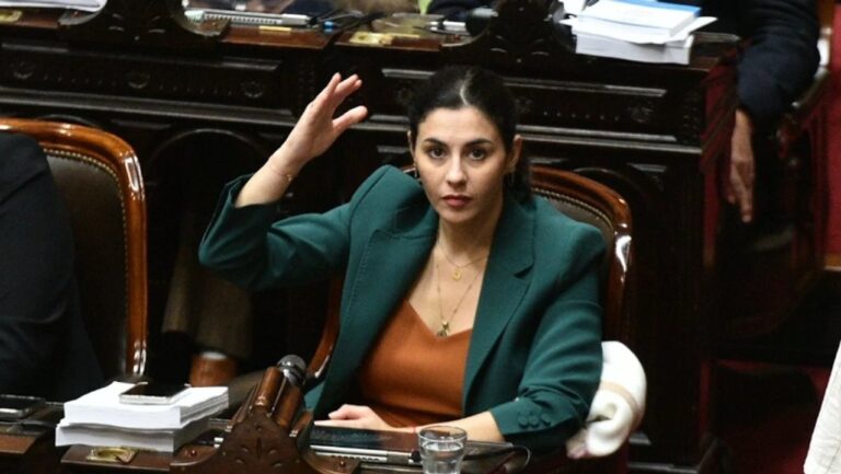Diputada Marcela Pagano durante una entrevista o sesión parlamentaria.