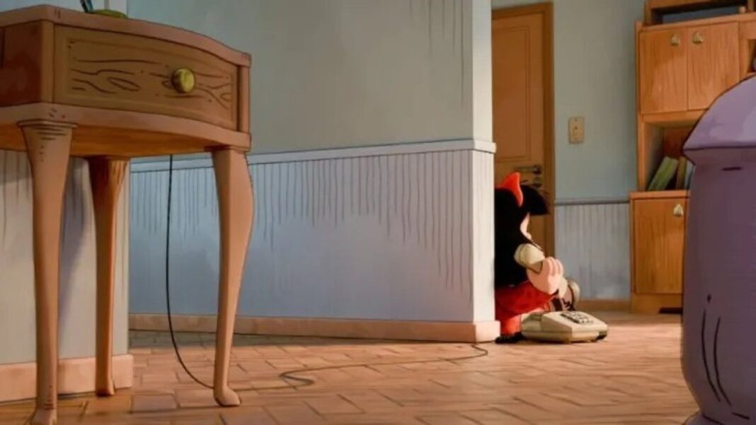 Avance de la serie animada de Mafalda mostrando a la niña de espaldas con su vestido rojo.