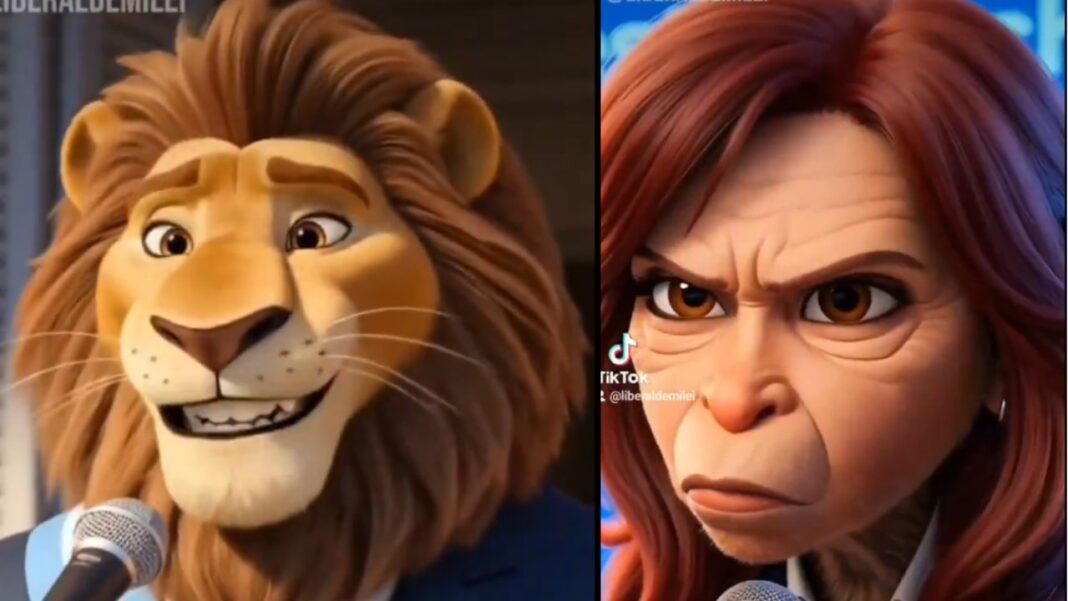 Captura de pantalla del video de Javier Milei con animación de animales generada por IA.