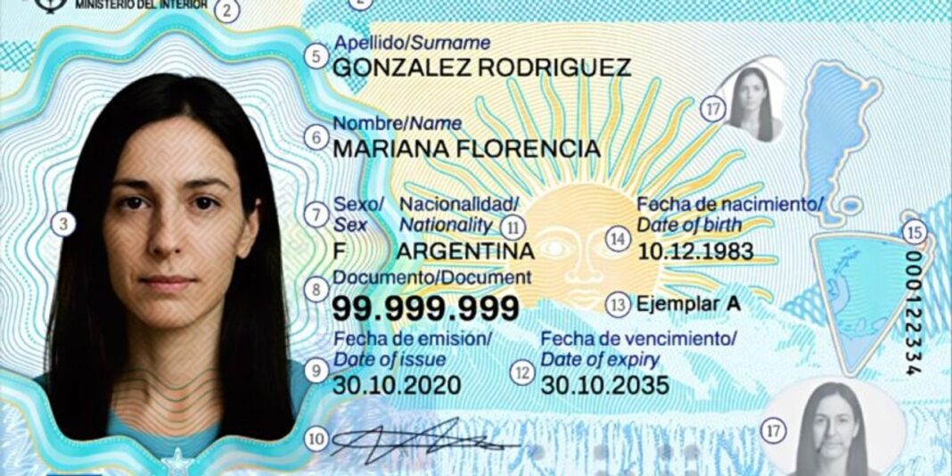 Imagen ilustrativa del nuevo DNI electrónico argentino con chip contactless.