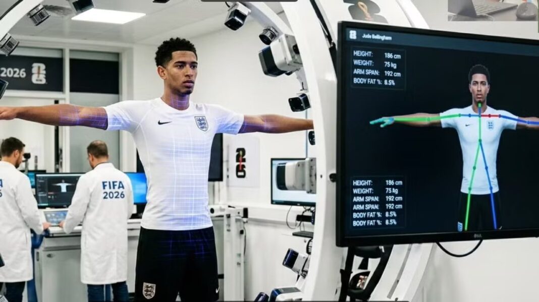 Estadio de fútbol con gráficos digitales y avatares 3D de jugadores durante el Mundial 2026